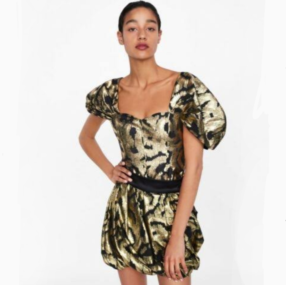 Zara Black & Gold Lame´ Puffed Sleeve Special Occasion Cropped Top - Picture 15 of 15